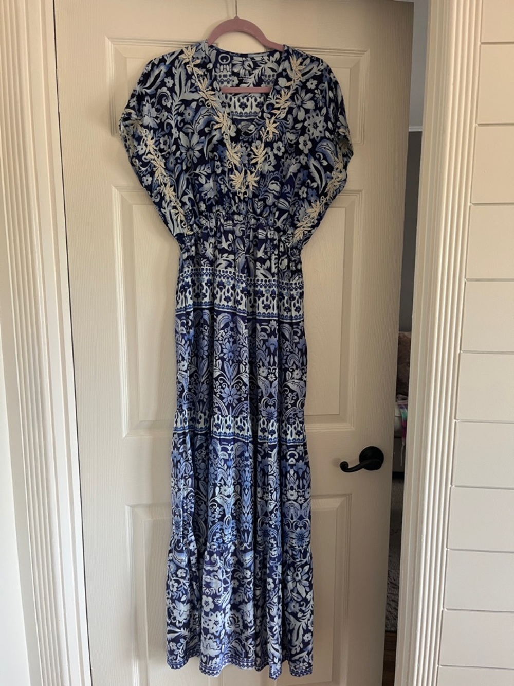 Karyn Seo Blue Multi Tier Maxi Dress with Embroidered V-Neck NWT Size XL